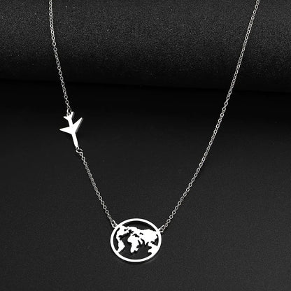 Stainless Steel Necklaces Airplane Globe Map Traveler Pendants