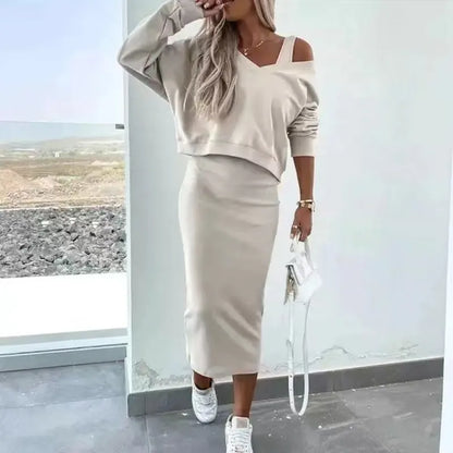Chic V-Neck Vest & Midi Skirt Combo