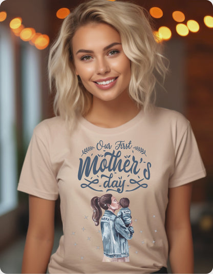 Celebrate your first Mother's Day with our adorable mother and baby boy t-shirt. with a heartwarming "Mama babe" design in serene blue tones