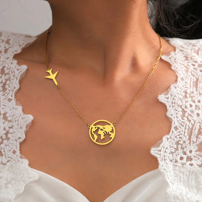 Stainless Steel Necklaces Airplane Globe Map Traveler Pendants