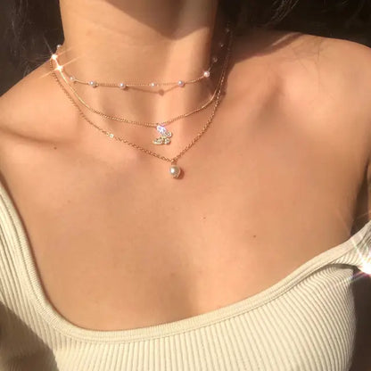 Layered Crystal Pearl Pendant Necklace